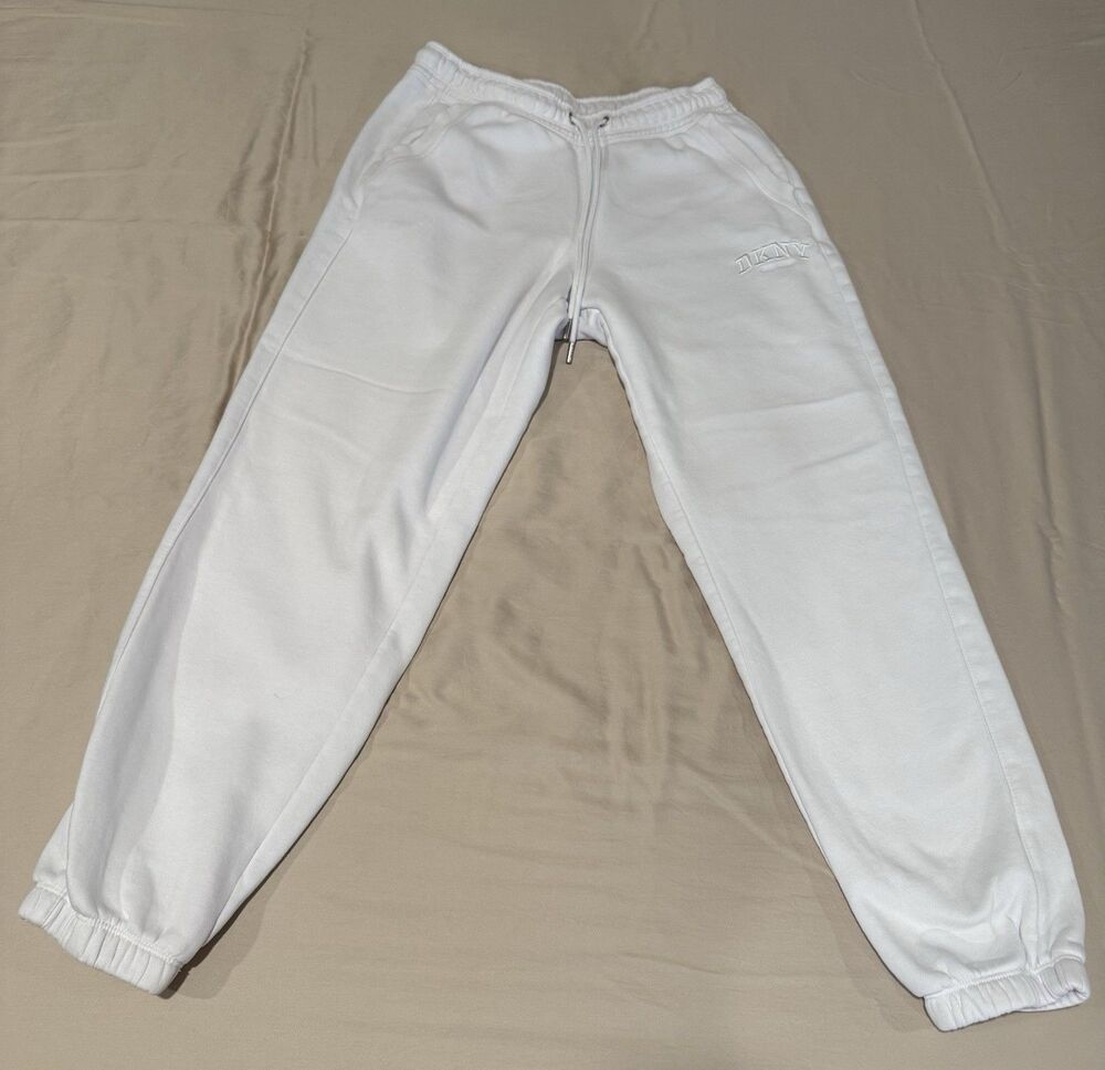 Women’s DKNY White Jogger Size Small Side Pockets Elastic Tie Waist